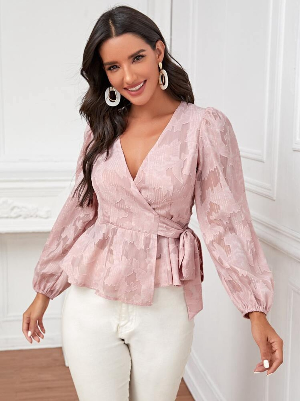 SHEIN LUNE Textured Floral Print Self-Tie Wrap Top L